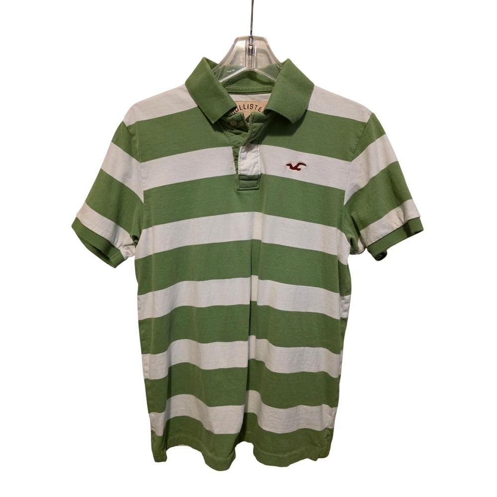 Hollister Mens‎ XL Polo Shirt Green White Striped Short Sleeve Cotton Retro Y2K